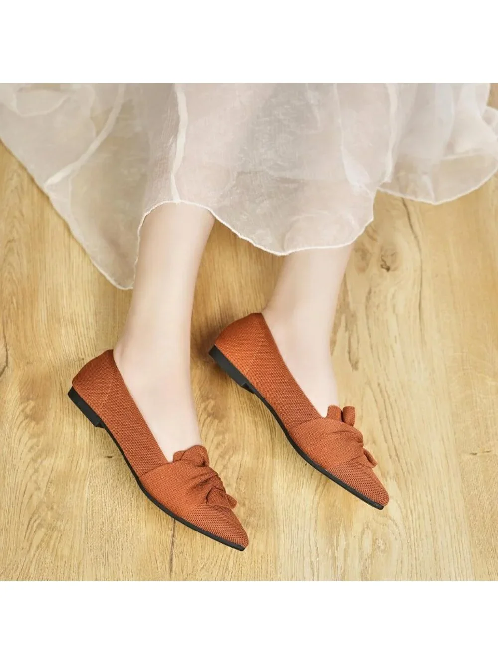 Women's Brown Pointed Toe Ballet Flats with Bow Comfortable Knit Dressy Shoes